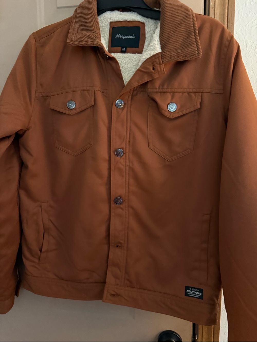 Aeropostale Men's Corduroy Collar Sherpa-Lined Jacket - Rust Brown